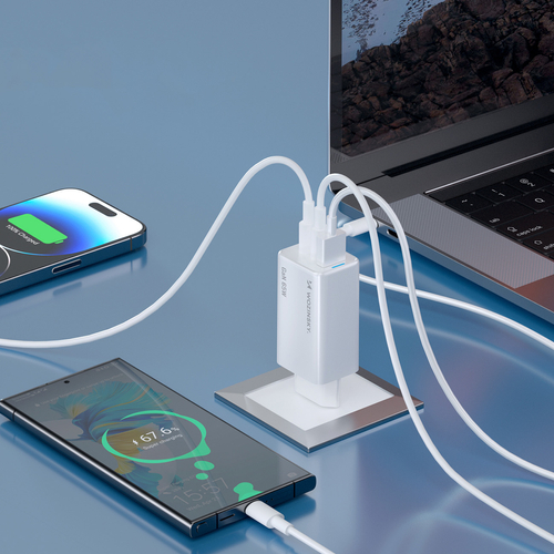 Wozinsky ładowarka GaN 65W z portami USB-A 2xUSB-C z kablem USB-C 65W - biała