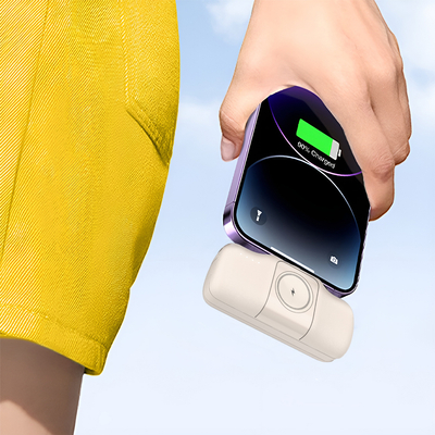 Mini powerbank Wozinsky WF16-YLS 5000mAh 15W Lightning z wbudowanym kablem USB-C i ładowarką do Apple Watch - beżowy