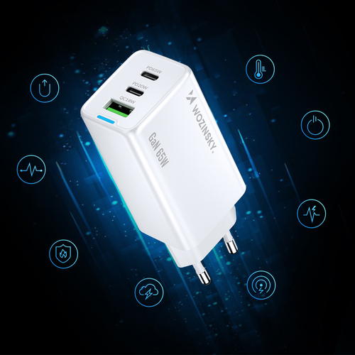 Wozinsky ładowarka GaN 65W z portami USB-A 2xUSB-C z kablem USB-C 65W - biała