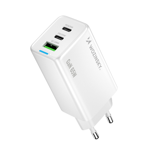 Wozinsky ładowarka GaN 65W z portami USB-A 2xUSB-C z kablem USB-C 65W - biała