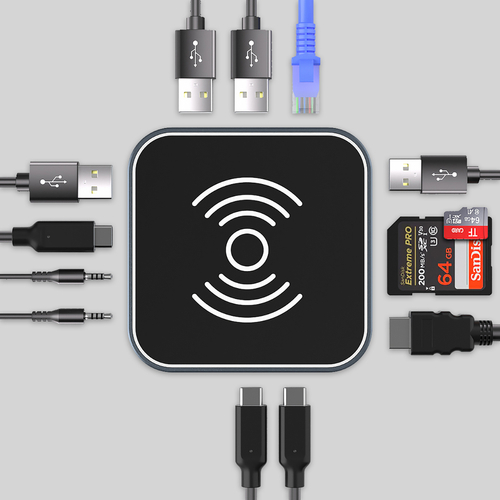 Hub USB-C 12 w 1 Wozinsky WHBC09Y8S wielofunkcyjny,z funkcją ładowania bezprzewodowego, aluminiowy, z kablem 15 cm - szary