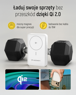 Powerbank Wozinsky WLWP-10KA0Y3WS 22,5W PD Qi2 10000 mAh, z podstawką, 1x USB-A, 1x USB-C - biały