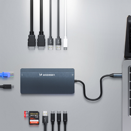 Hub USB-C 14 w 1 Wozinsky WDS03Y5S wielofunkcyjny, aluminiowy, do 3 monitorów, z kablem 15 cm  - szary