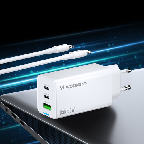 Wozinsky ładowarka GaN 65W z portami USB-A 2xUSB-C z kablem USB-C 65W - biała
