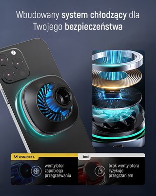 Uchwyt samochodowy Wozinsky WCT5-Q6S2Y z ładowarką indukcyjną Qi/MagSafe 15W na kratkę wentylacji z wentylatorem - czarny