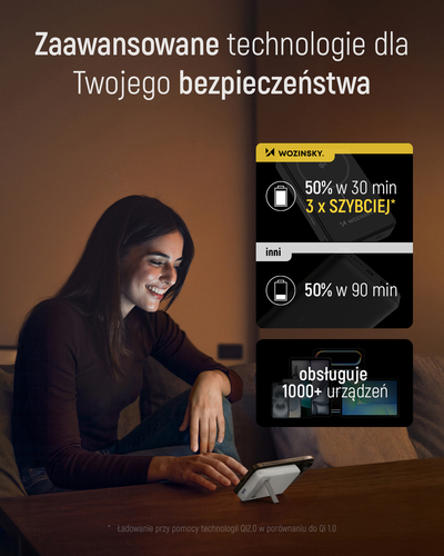Powerbank Wozinsky WLWP-10KA0Y3WS 22,5W PD Qi2 10000 mAh, z podstawką, 1x USB-A, 1x USB-C - biały