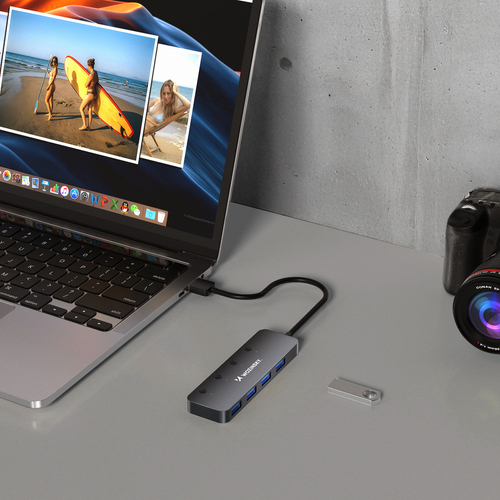 Hub USB-A Wozinsky WHS080YSS 4 x USB-A 3.0 z indywidualnymi włącznikami, aluminiowy, z kablem 15 cm - szary