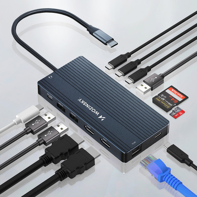 Hub USB-C 14 w 1 Wozinsky WDS03Y5S wielofunkcyjny, aluminiowy, do 3 monitorów, z kablem 15 cm  - szary