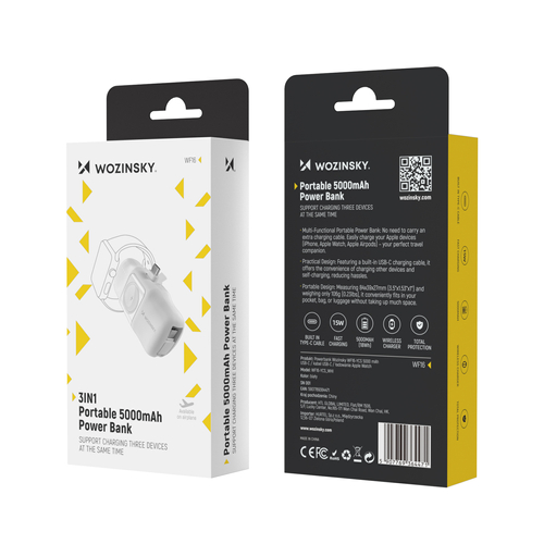 Mini powerbank Wozinsky WF16-YCS 5000mAh 15W USB-C z wbudowanym kablem USB-C i ładowarką do Apple Watch - biały