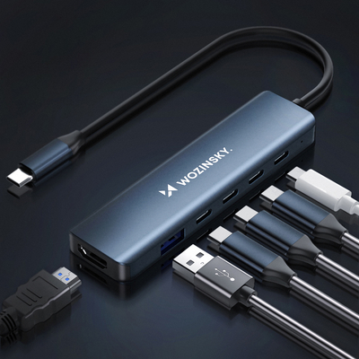 Hub USB-C 6 w 1 Wozinsky WHBC10Y4S wielofunkcyjny, aluminiowy, z kablem 15 cm - szary