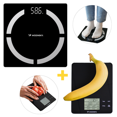 Zestaw - 2 smart wagi: Waga łazienkowa WIWL-30 + Waga kuchenna WIK-10 Wozinsky Bluetooth